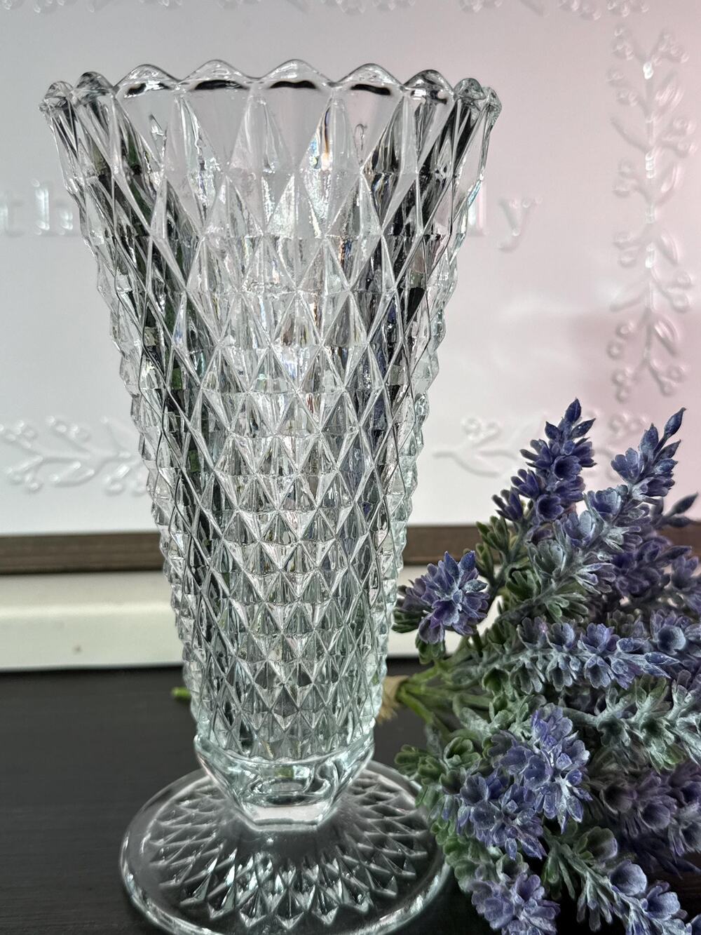 Indiana Glass Diamond Point Vase, 8" Footed Pressed Glass